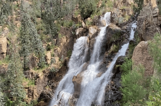 An aerial view of a Cudgewa Bluff Falls located in the Burrowa Pine National Park