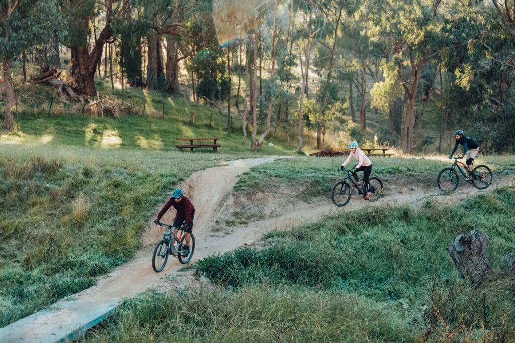 Three mountain bike riders follow a trail on McFalanes Hill, Wodonga. They are on a downhill trail surrounded by a wooded forest and green grass.